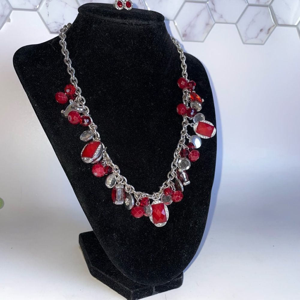 Elegant White House Black Market Set Red and Silver Necklace & Earrings